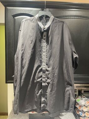 Daniel Ellissa Men's 19.5 36-37 Black Clergy Shirt White Cross Embroidery Nehru